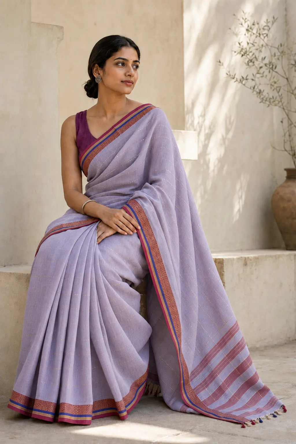 Woman wearing a lavender cotton saree with a woven border